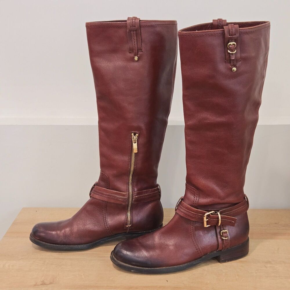 VINCE CAMUTO Kabo Riding Boots 9.5B Brown Leather Tall Buckle Accents equestrian